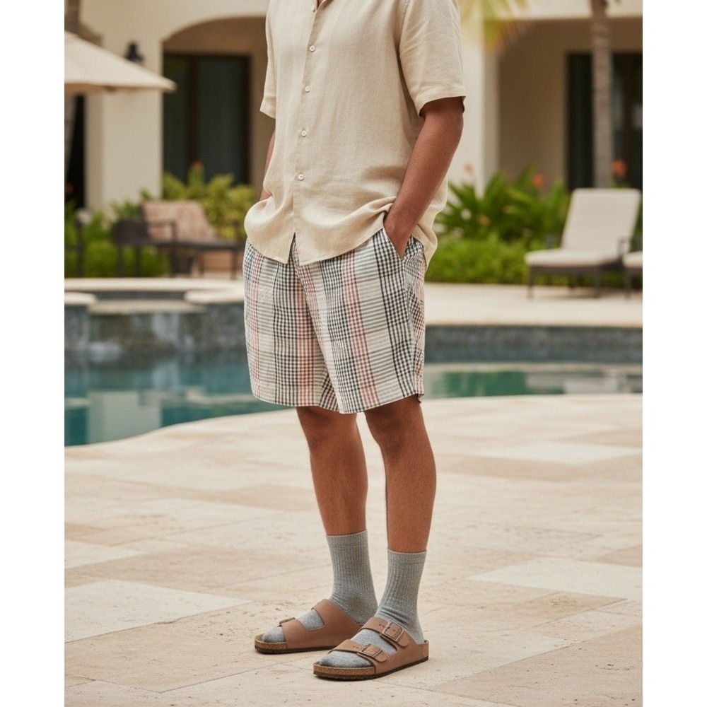 Tommy Bahama Linen Silk Shorts Sz 34 Tan Plaid 10" Resortwear Beachy Normcore
